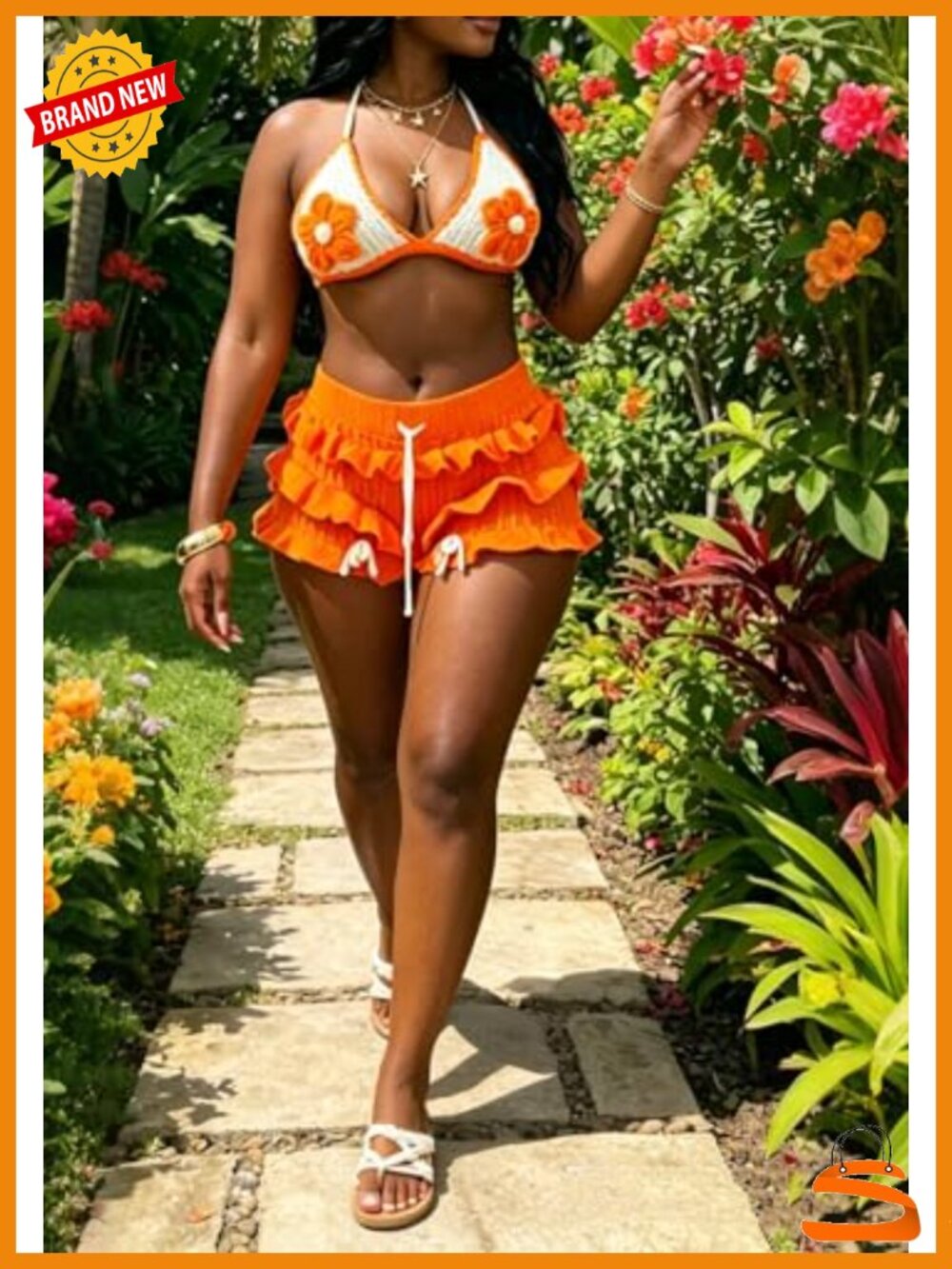 Crochet Bikini Shorts Set Halter Triangle Top Ruffled High Rise - Picture 2 of 5
